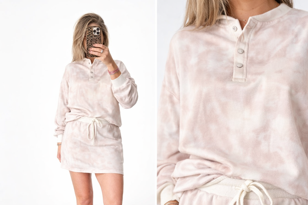 White Abstract Woodland Print Balloon Sleeve Pullover Drawstring Mini Skort Set