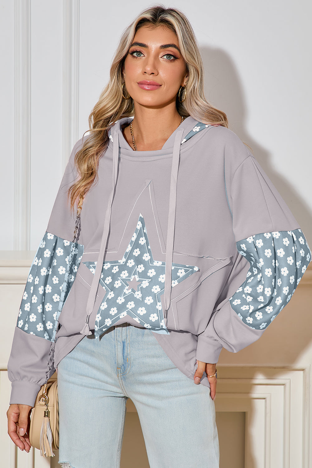 Beau Blue Floral Patchwork Star Pattern Drawstring Hoodie