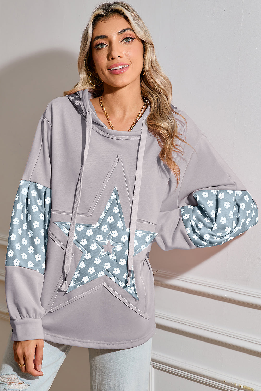 Beau Blue Floral Patchwork Star Pattern Drawstring Hoodie