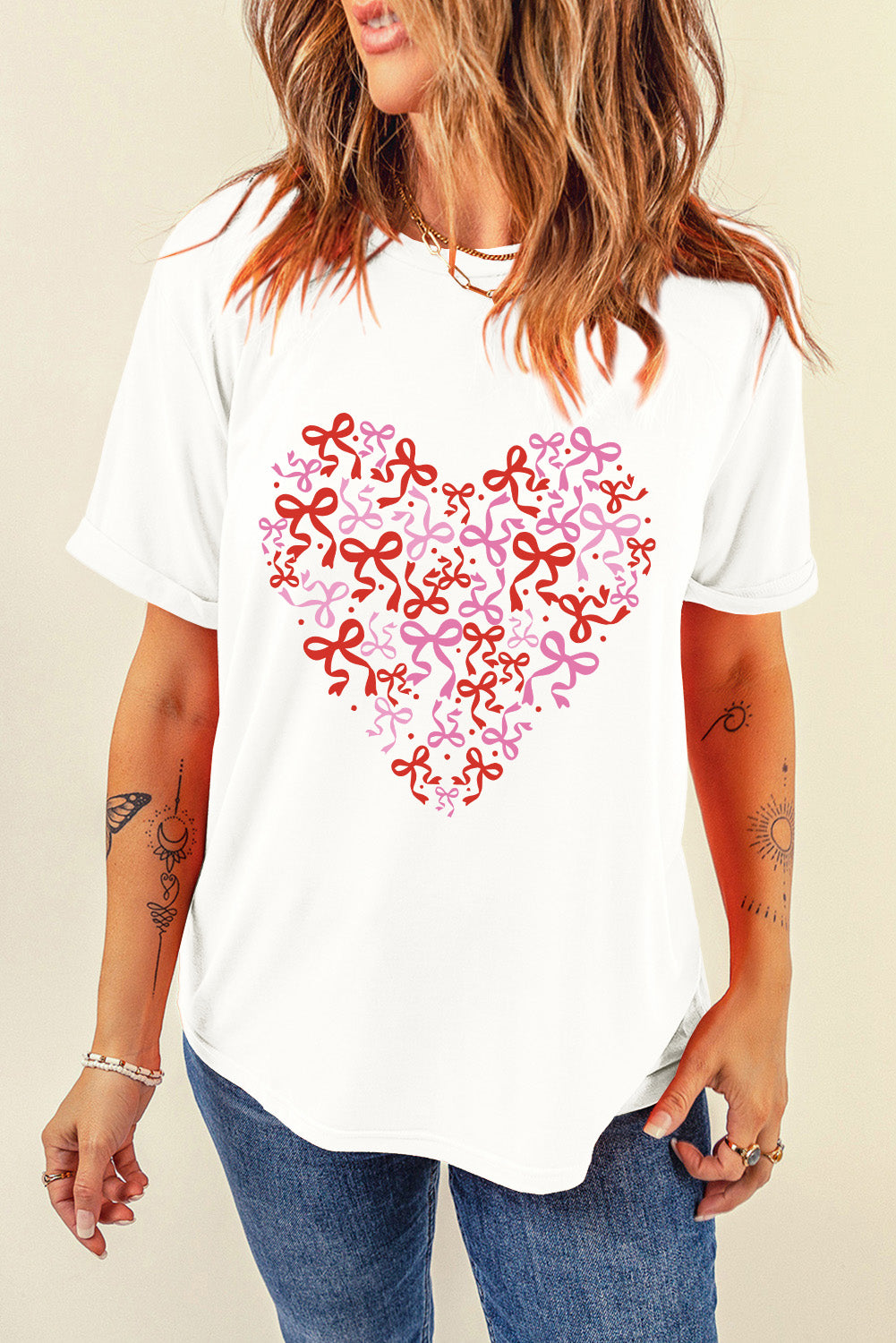 White Bowknot Heart Printed Crewneck Valentines Tee