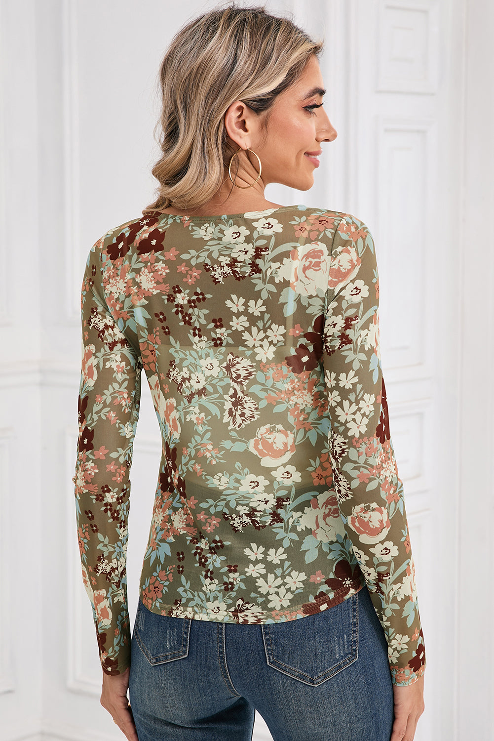 Orchid Petal Allover Floral Print Mesh Long Sleeve Top
