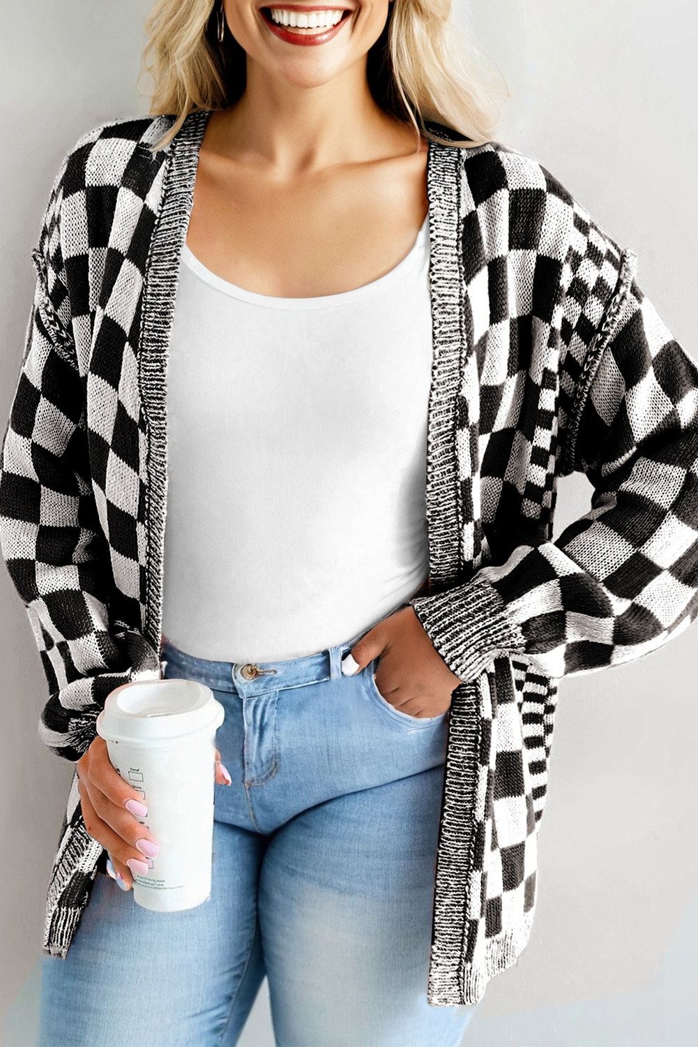 Bonnie Checkered Plus Size Drop Shoulder Knit Cardigan
