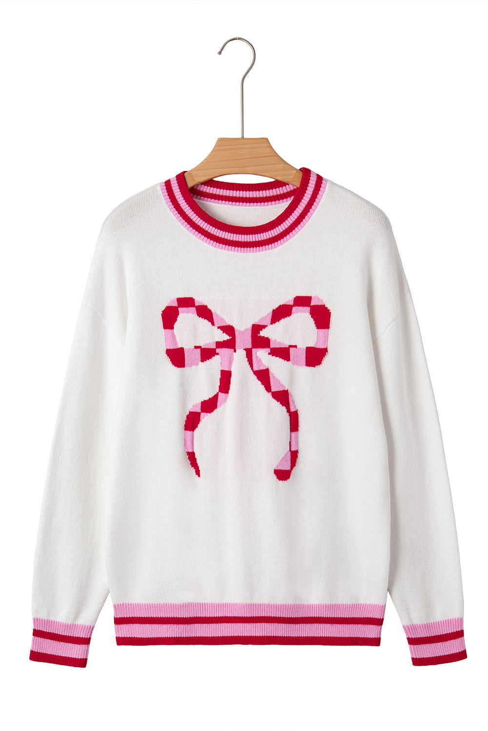 White Bow Pattern Contrast Trim Long Sleeve Sweater