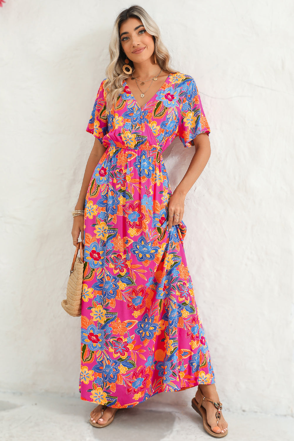 Aubrey Abstract Print Wrap V Neck Flutter Sleeve Mid Length Summer Dress