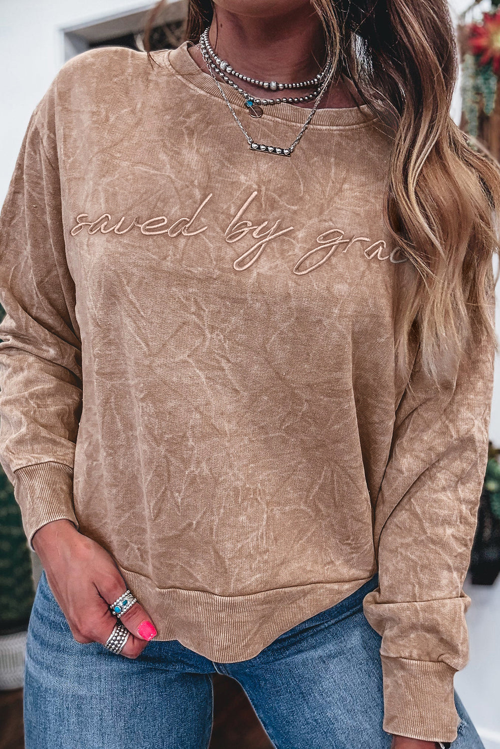 Sea Green  saved by grace Letter Embroidery Mineral Wash Loose Sweatshirt