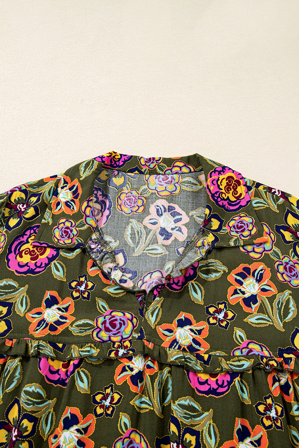 Green Floral Print Split Neck Bubble Sleeve Mini Dress