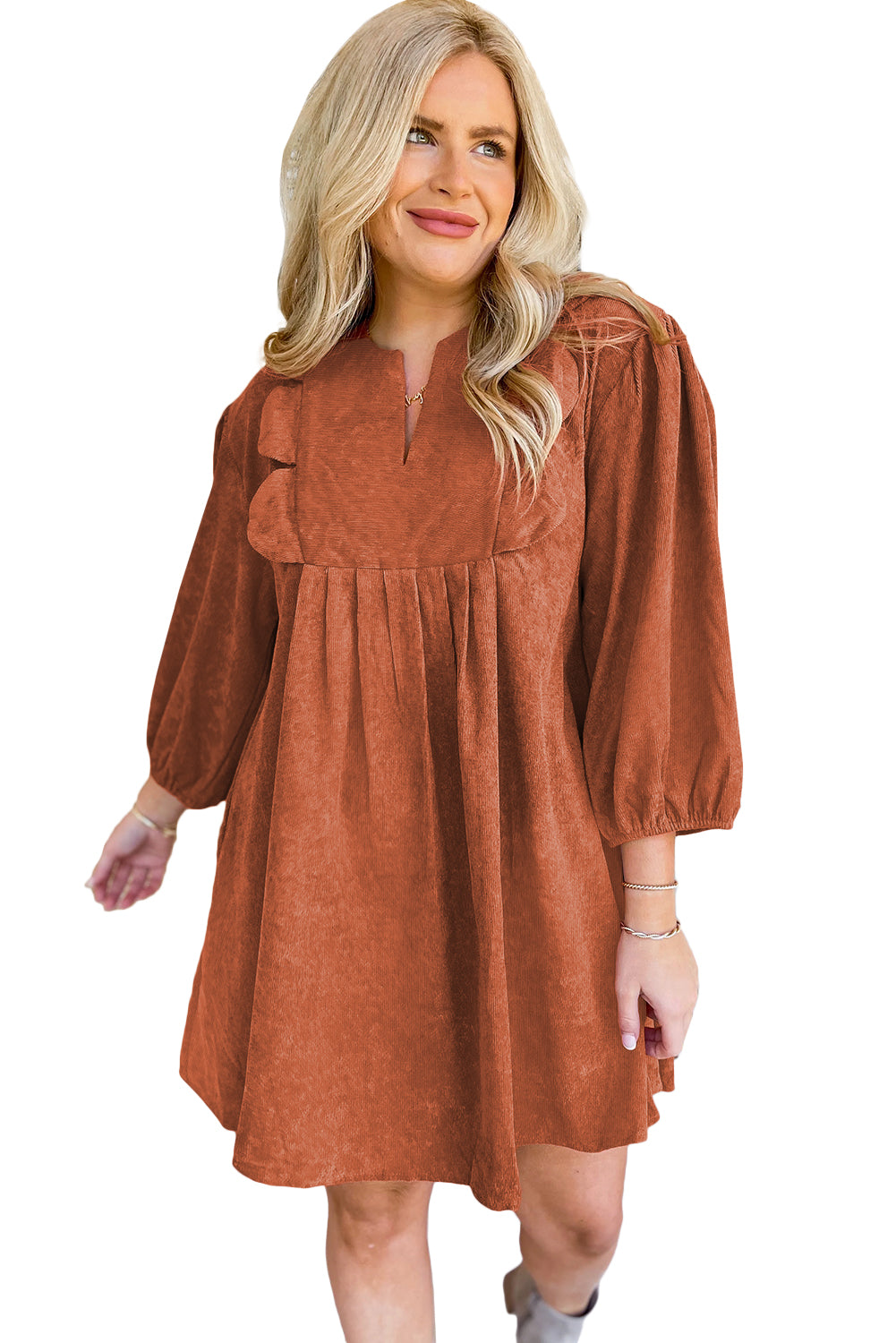 Cinnamon Split Neck Scallop Detail Pleated Corduroy Mini Dress