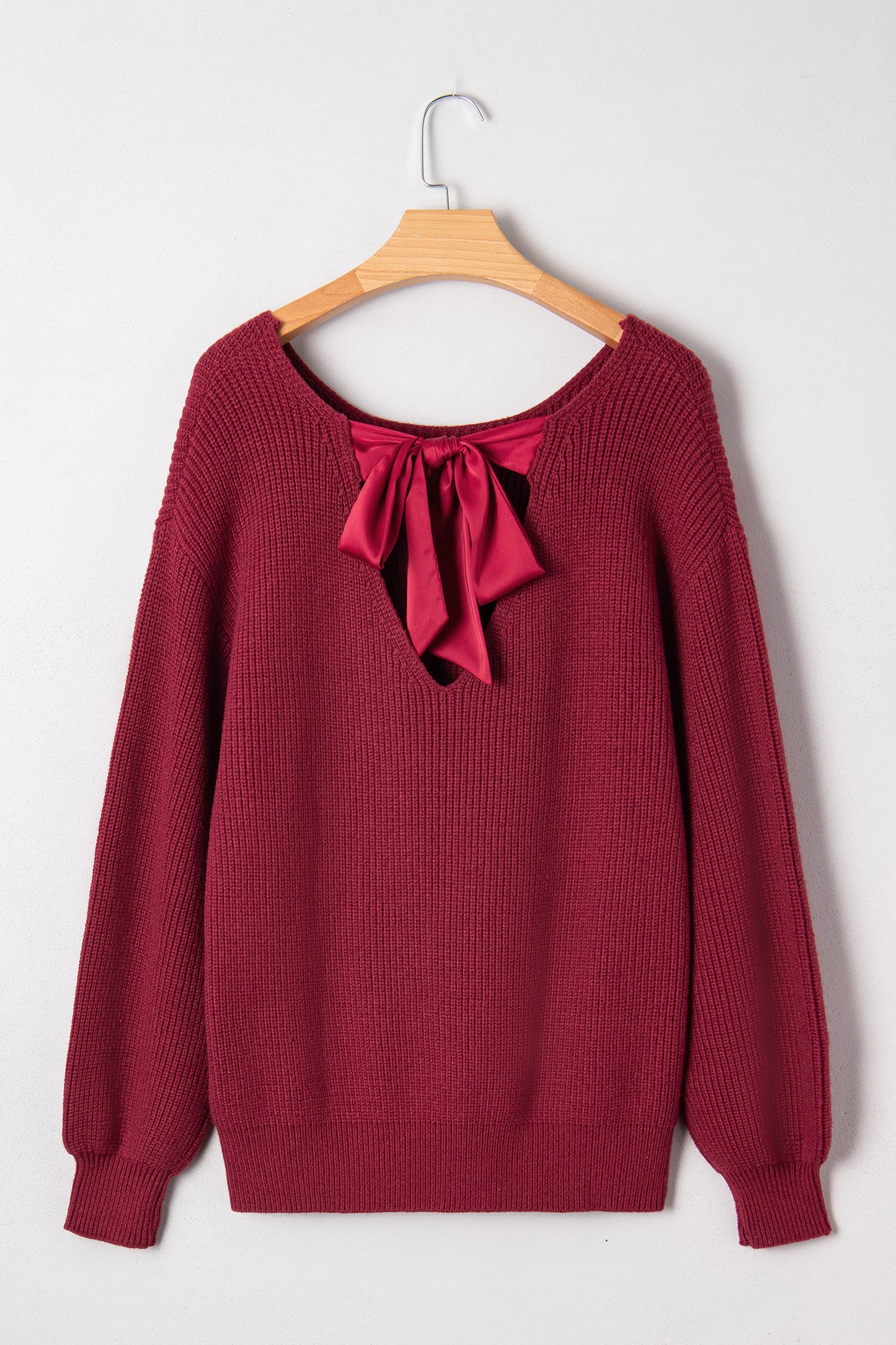 Red Dahlia Ribbed Knit Ribbon Knot Backless Drop Shoulder Sweater