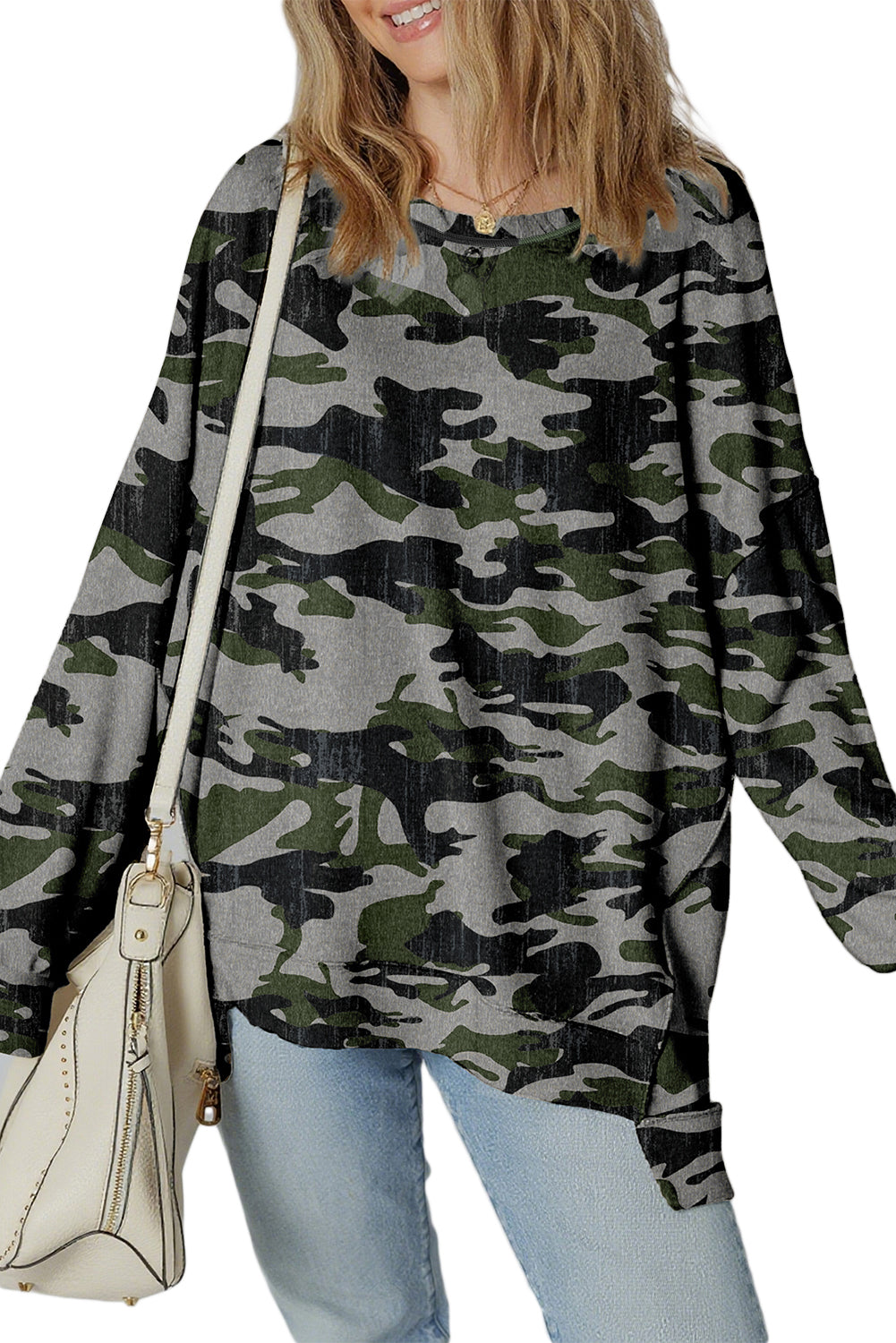 Green Camouflage Print Exposed Seam Drop Shoulder Sweatshirt