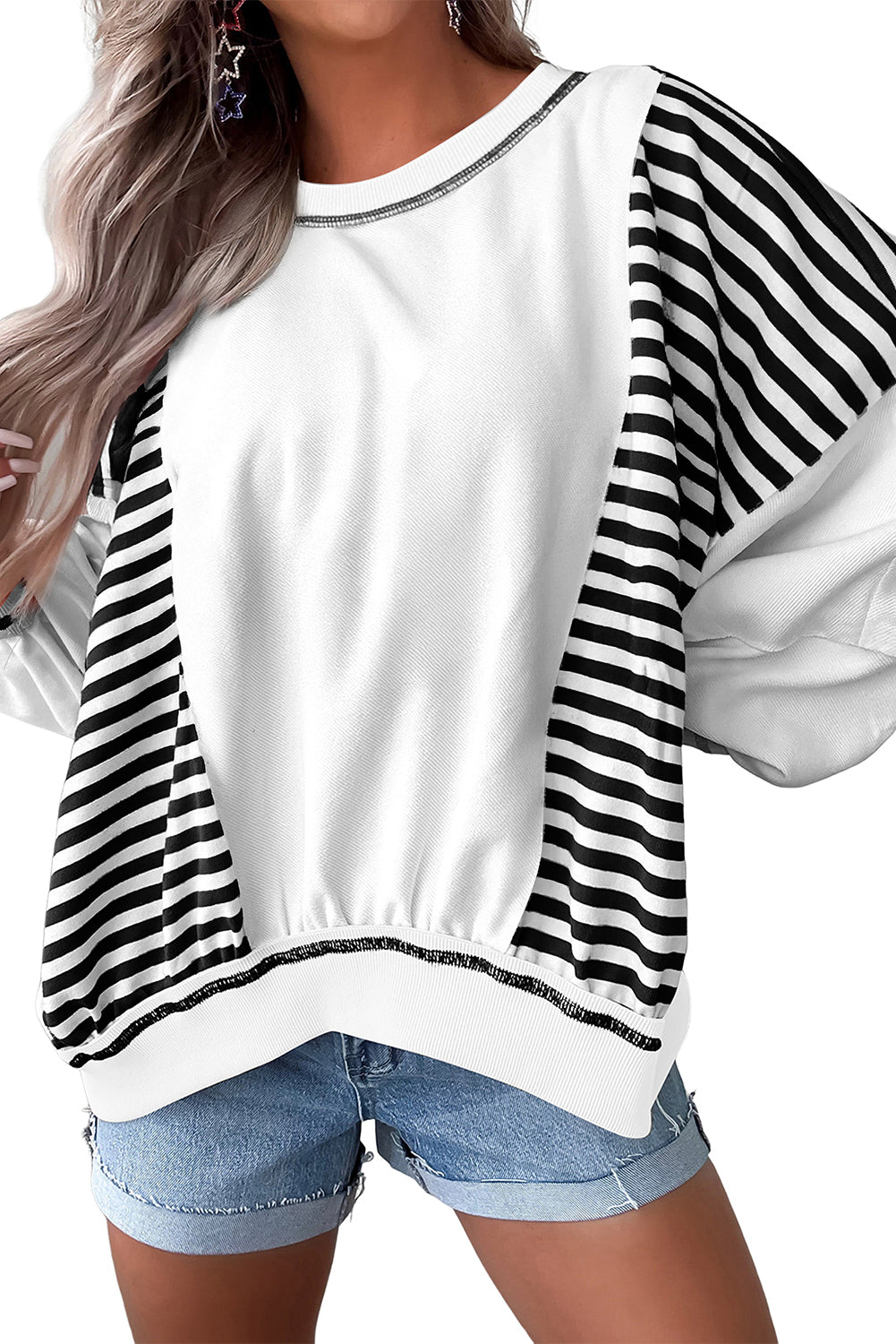 White Striped Colorblock Patchwork Oversized Sweatshirt