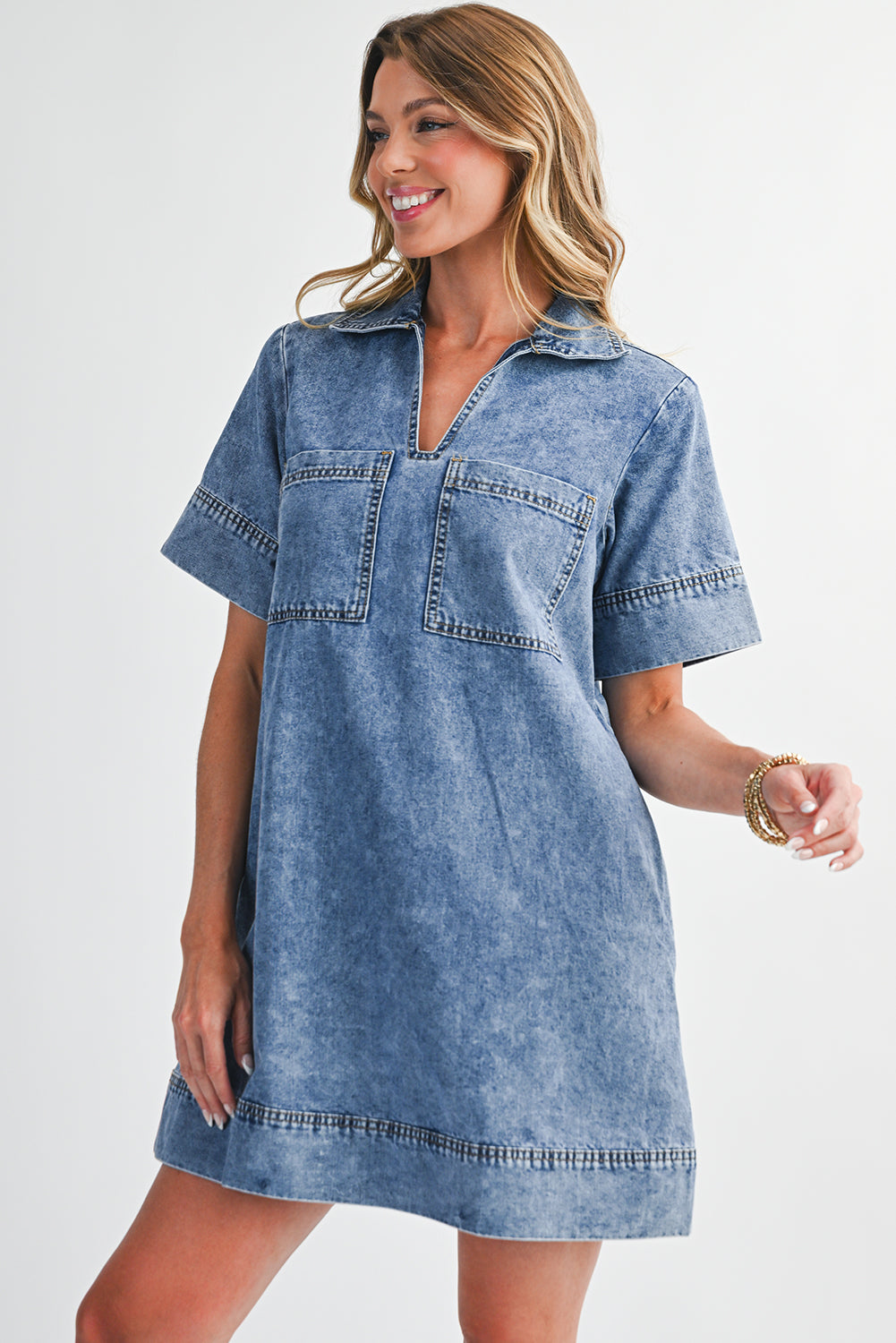 Destiny Short Sleeve Collared Chest Pocket Denim Mini Dress