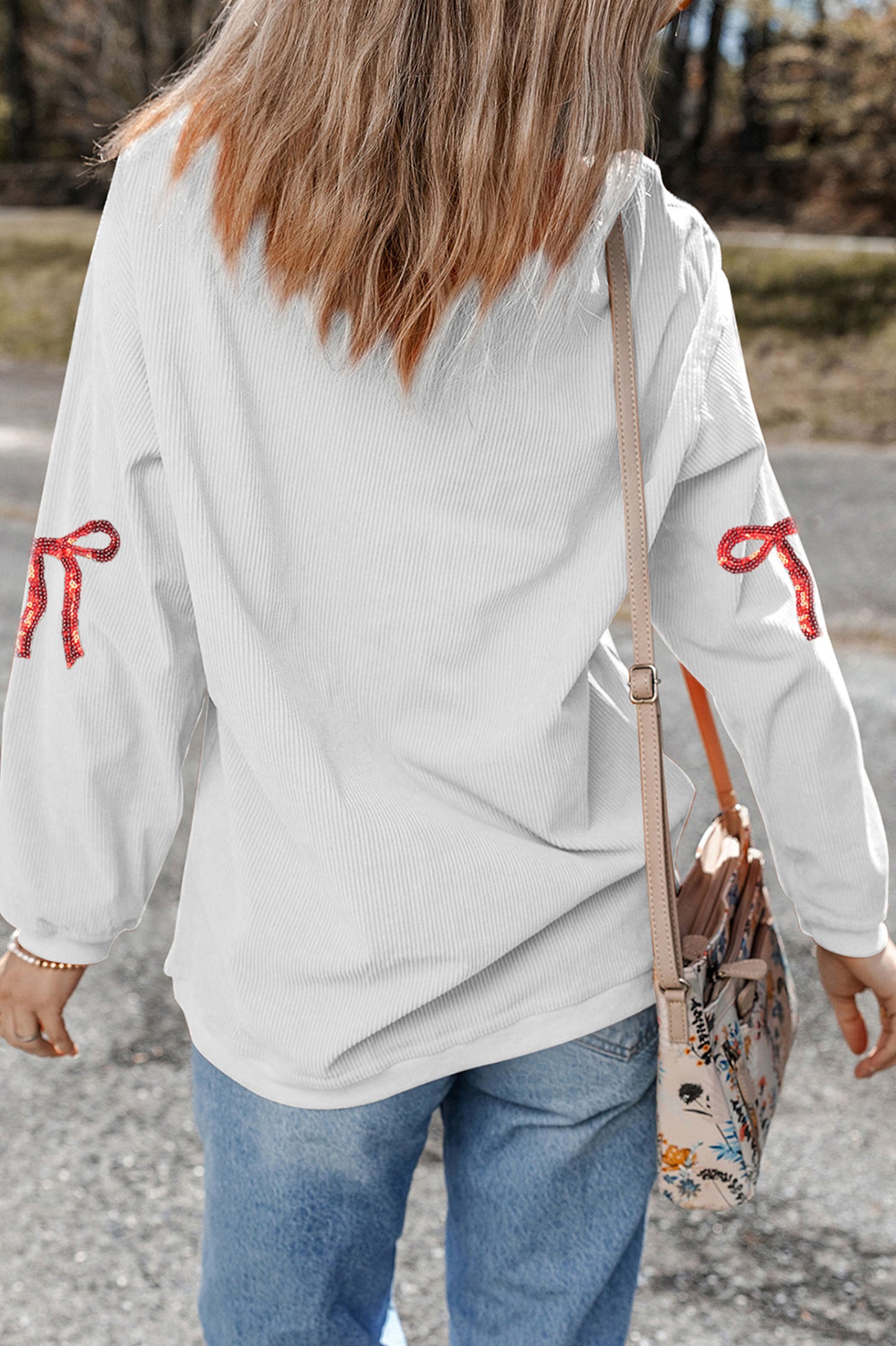 White Sequin Ribbon Bow XOXO Heart Patched Corded Rib Pullover Sweatshirt