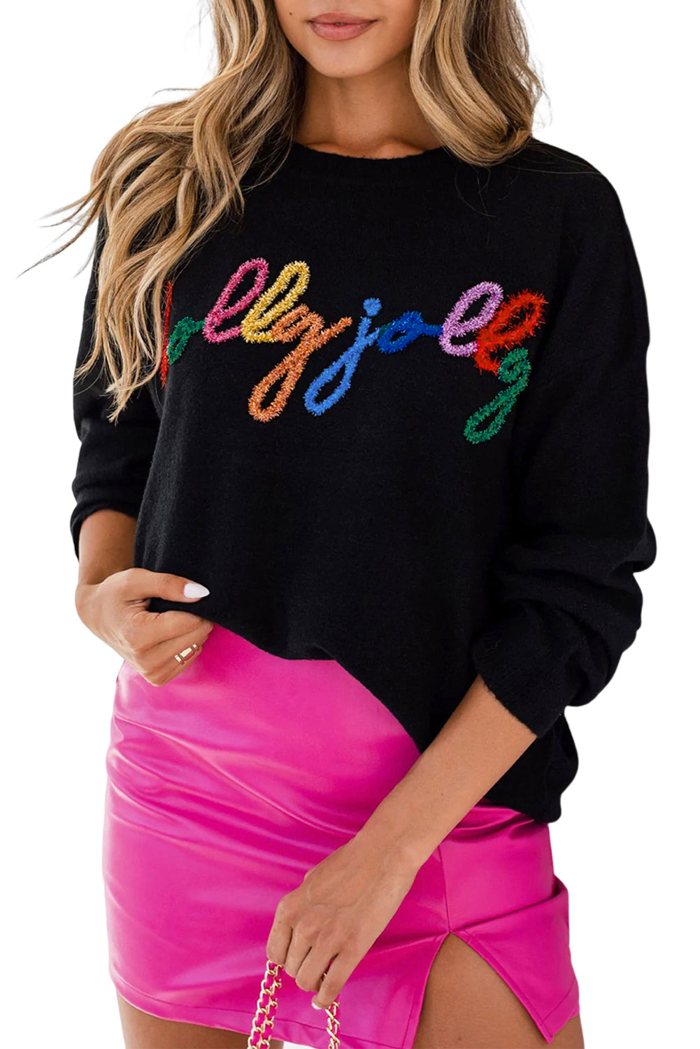 White XOXO Chenille Letter Round Neck Casual Sweater