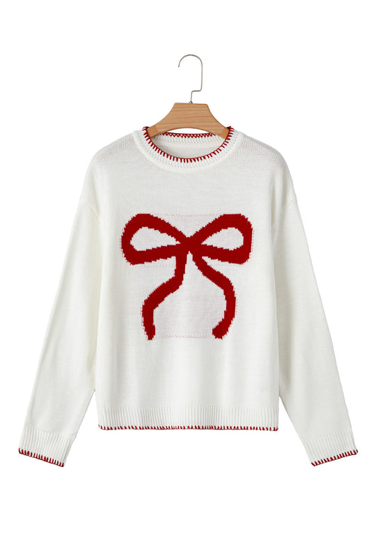 White Sweet Bow Long Sleeve Knit Sweater