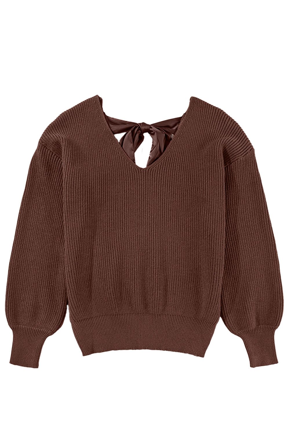 Racing Red Lantern Sleeve V Neck Knot Back Sweater