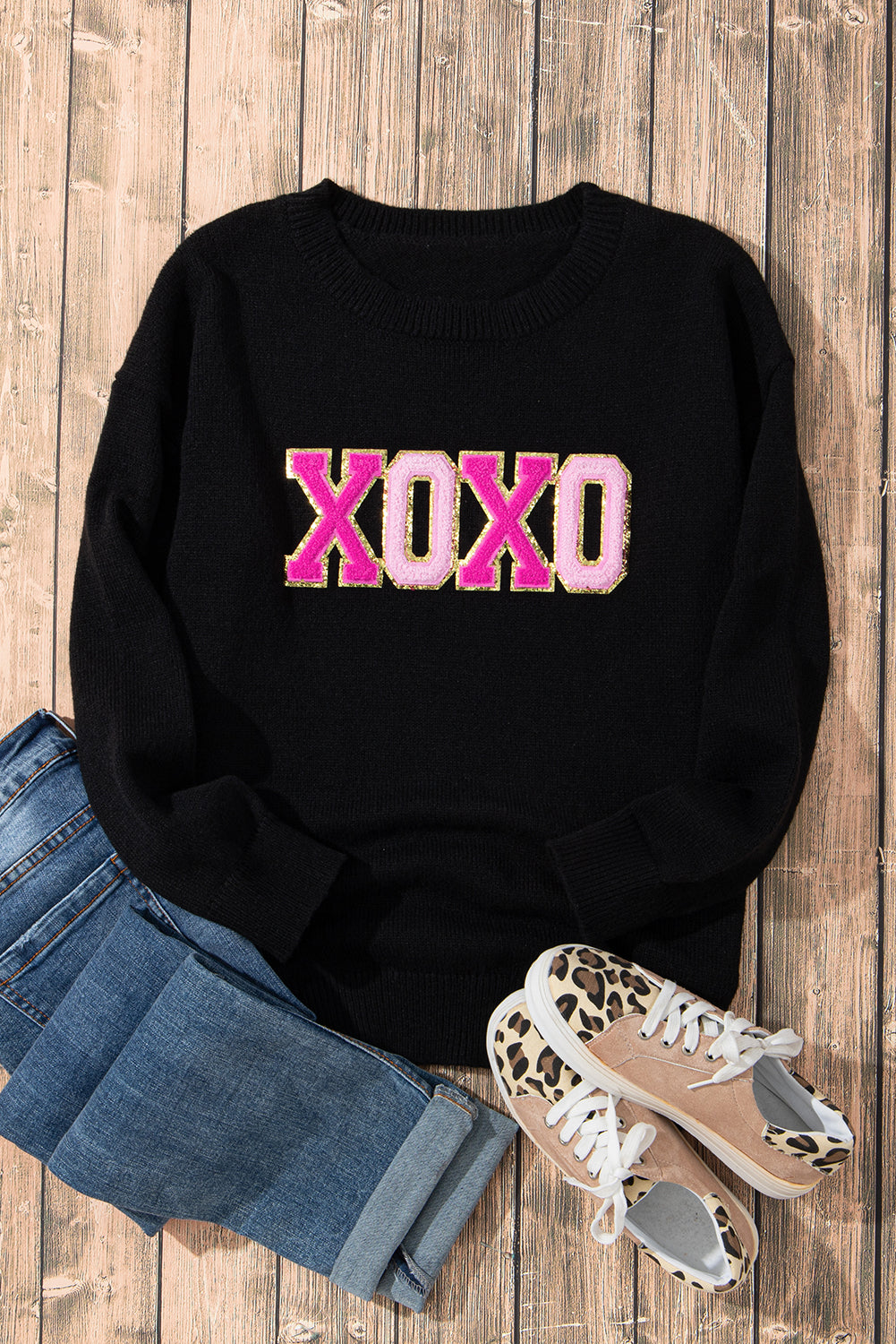 White XOXO Chenille Letter Round Neck Casual Sweater