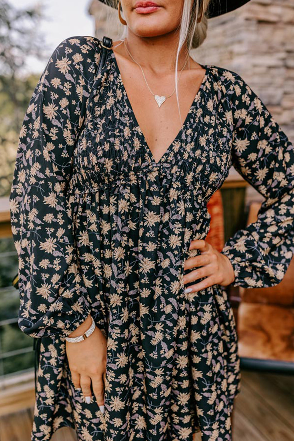 Beige Floral Smocked V Neck Bubble Sleeve Babydoll Dress