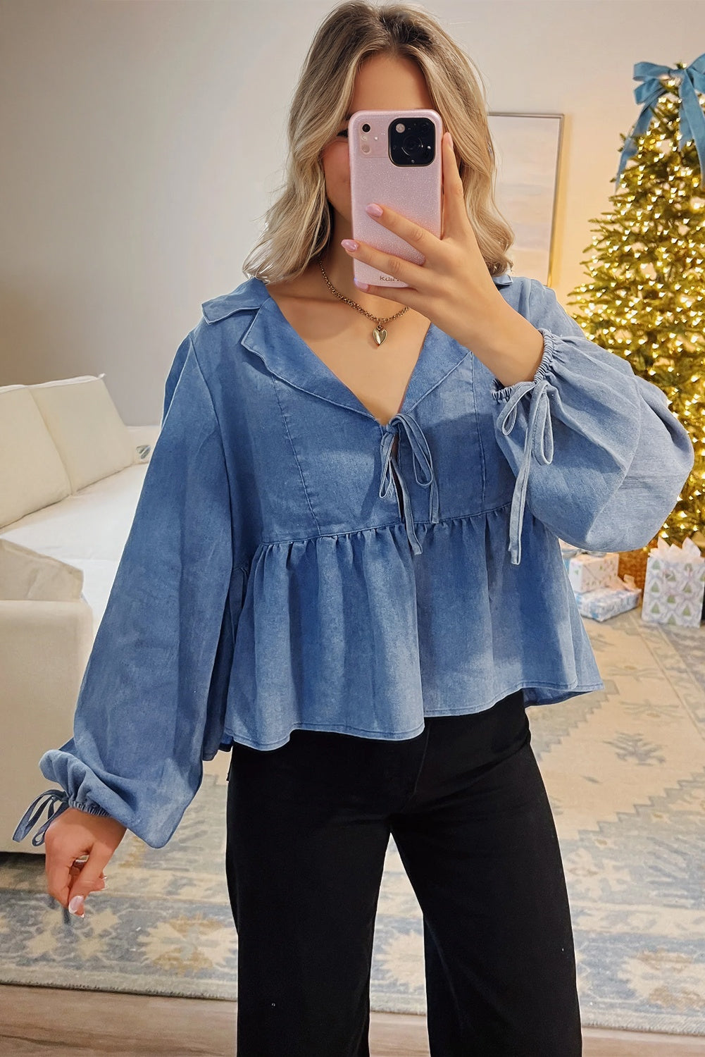 Deidra Blue Denim Lapel Neck Balloon Sleeve Tied Peplum Top