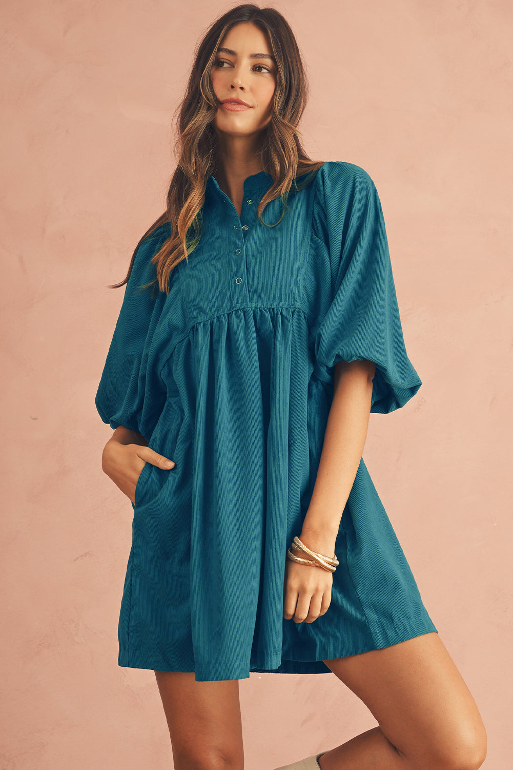 Lilly Snap Button Empire Waist Lantern Sleeve Corduroy Dress