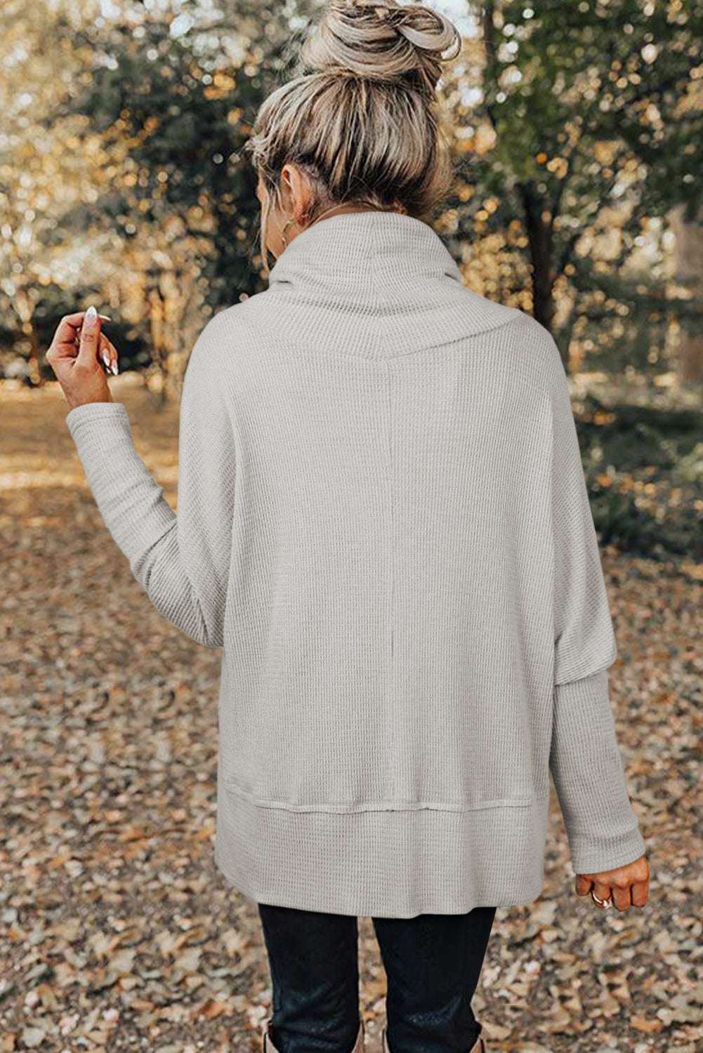 Light Grey Textured Knit Drawstring Cowl Neck Oversized Top