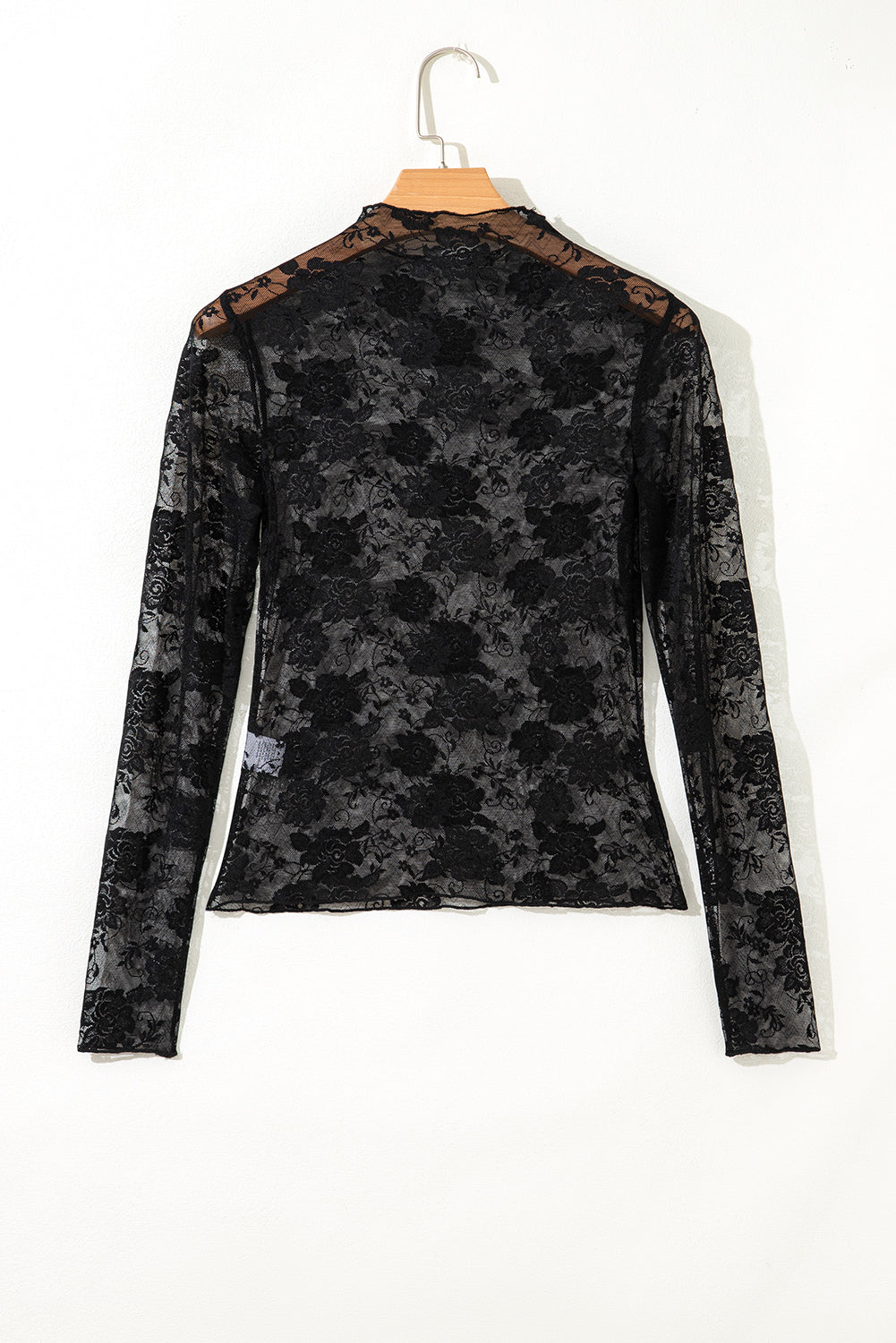 Black Mock Neck Floral Lace Mesh Long Sleeve Top