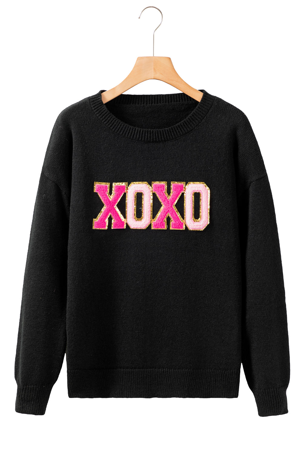 White XOXO Chenille Letter Round Neck Casual Sweater