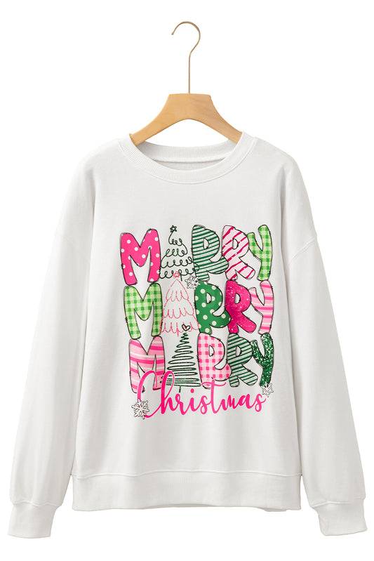 Beige MERRY Christmas Heat Transfer Printing Drop Shoulder Pullover Sweatshirt