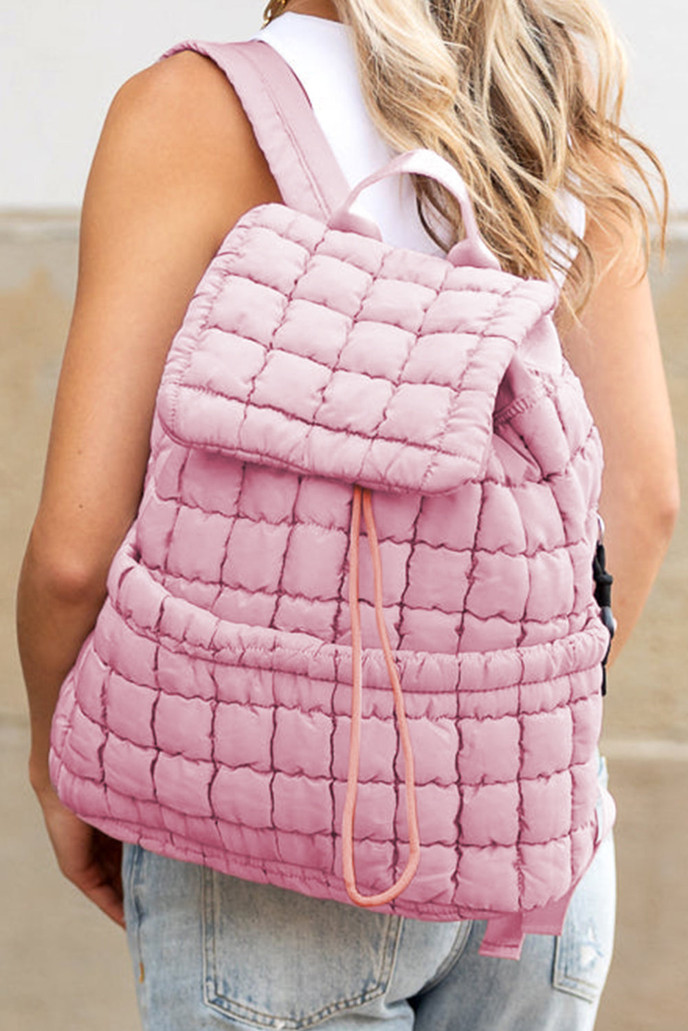 Coffee Solid Flapped Quilted Puffer Backpack