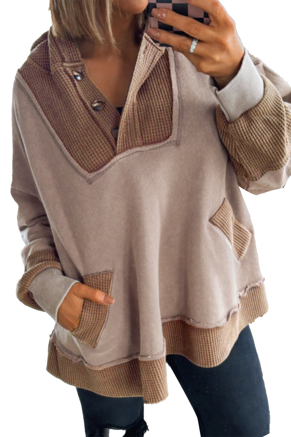 Jenny Waffle Patchwork Exposed Seam Oversized Hoodie