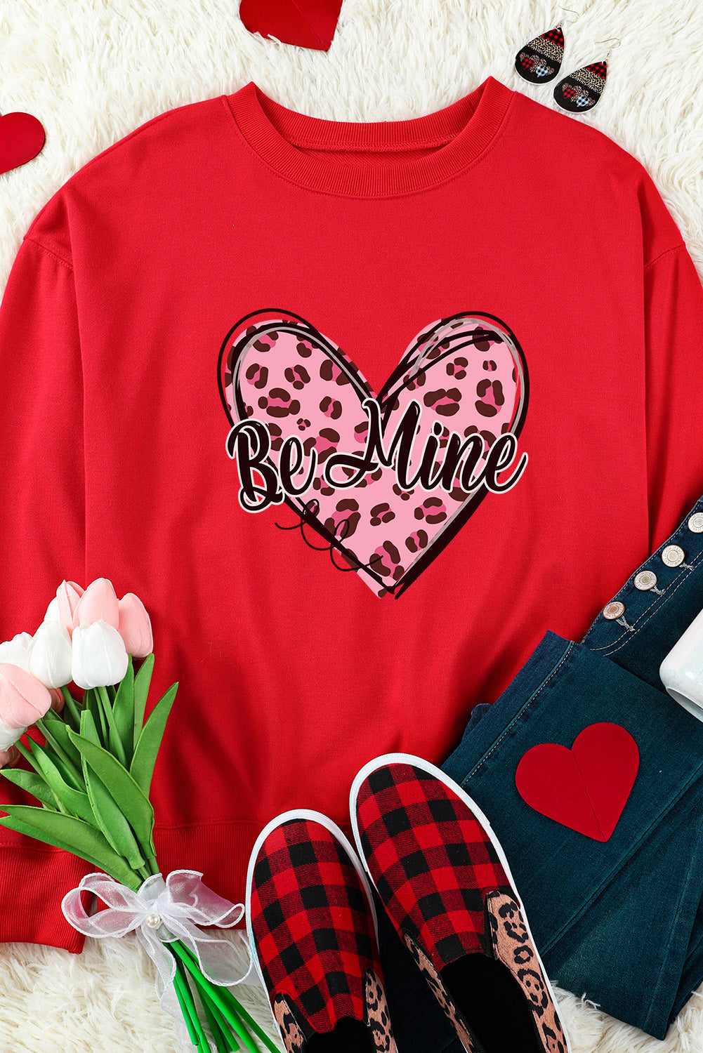 Red Be Mine Leopard Heart Printed Valentines Sweatshirt