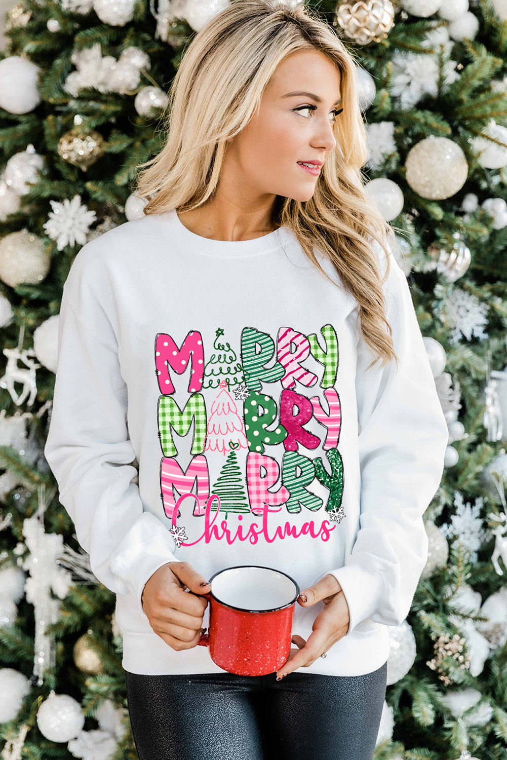 Beige MERRY Christmas Heat Transfer Printing Drop Shoulder Pullover Sweatshirt