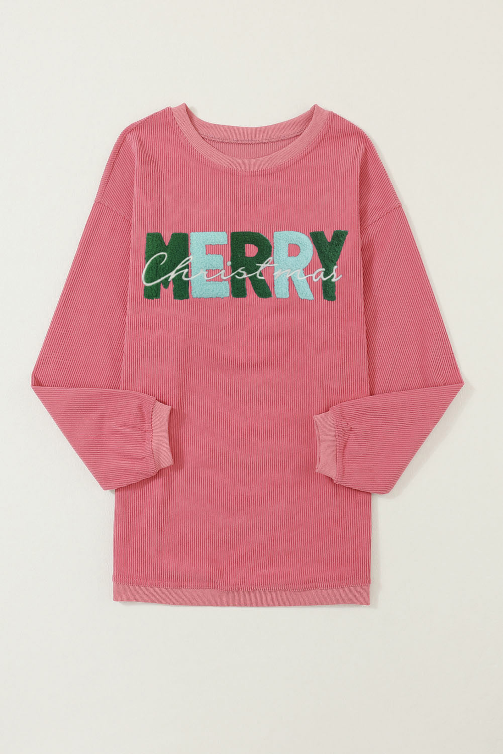Strawberry Pink MERRY Christmas Terry Flocking Corded Graphic Sweatshirt