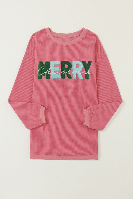 Strawberry Pink MERRY Christmas Terry Flocking Corded Graphic Sweatshirt
