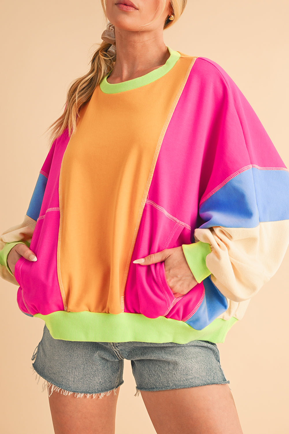 Orchid Petal Colorblock Patchwork Drop Shoulder Top