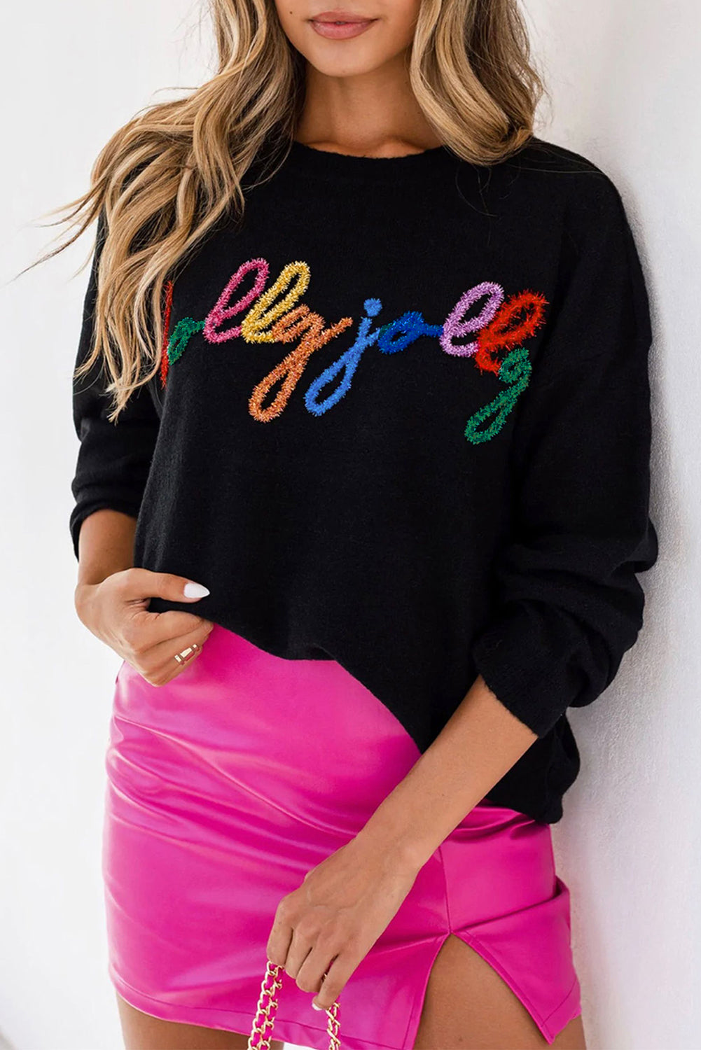 White XOXO Chenille Letter Round Neck Casual Sweater