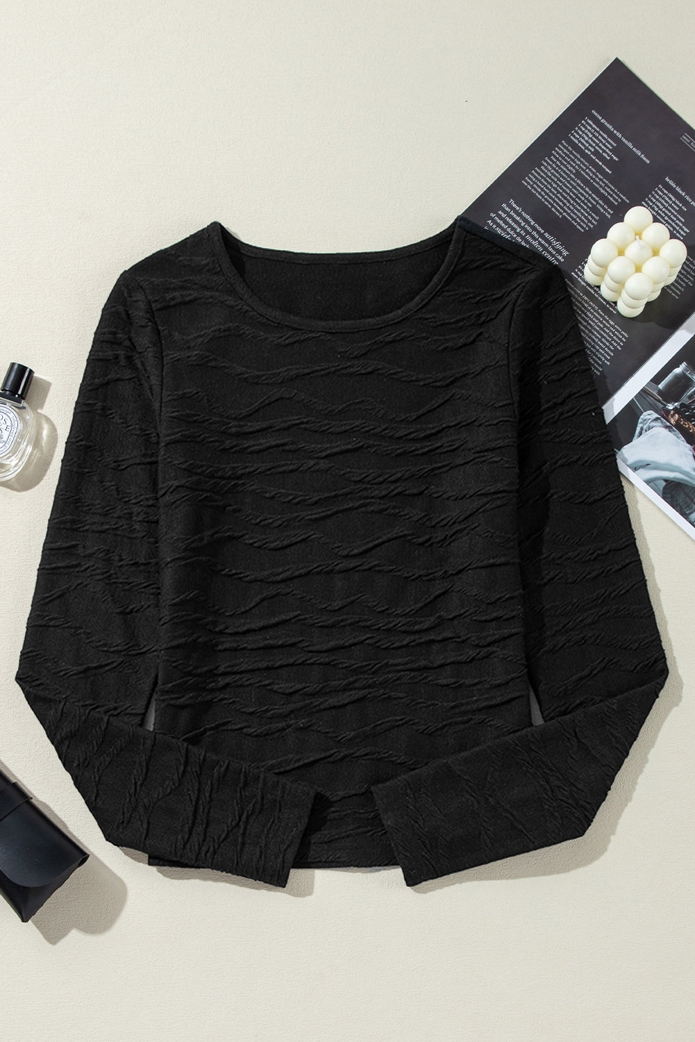 Black Plain Wavy Textured Slim Fit Long Sleeve Top