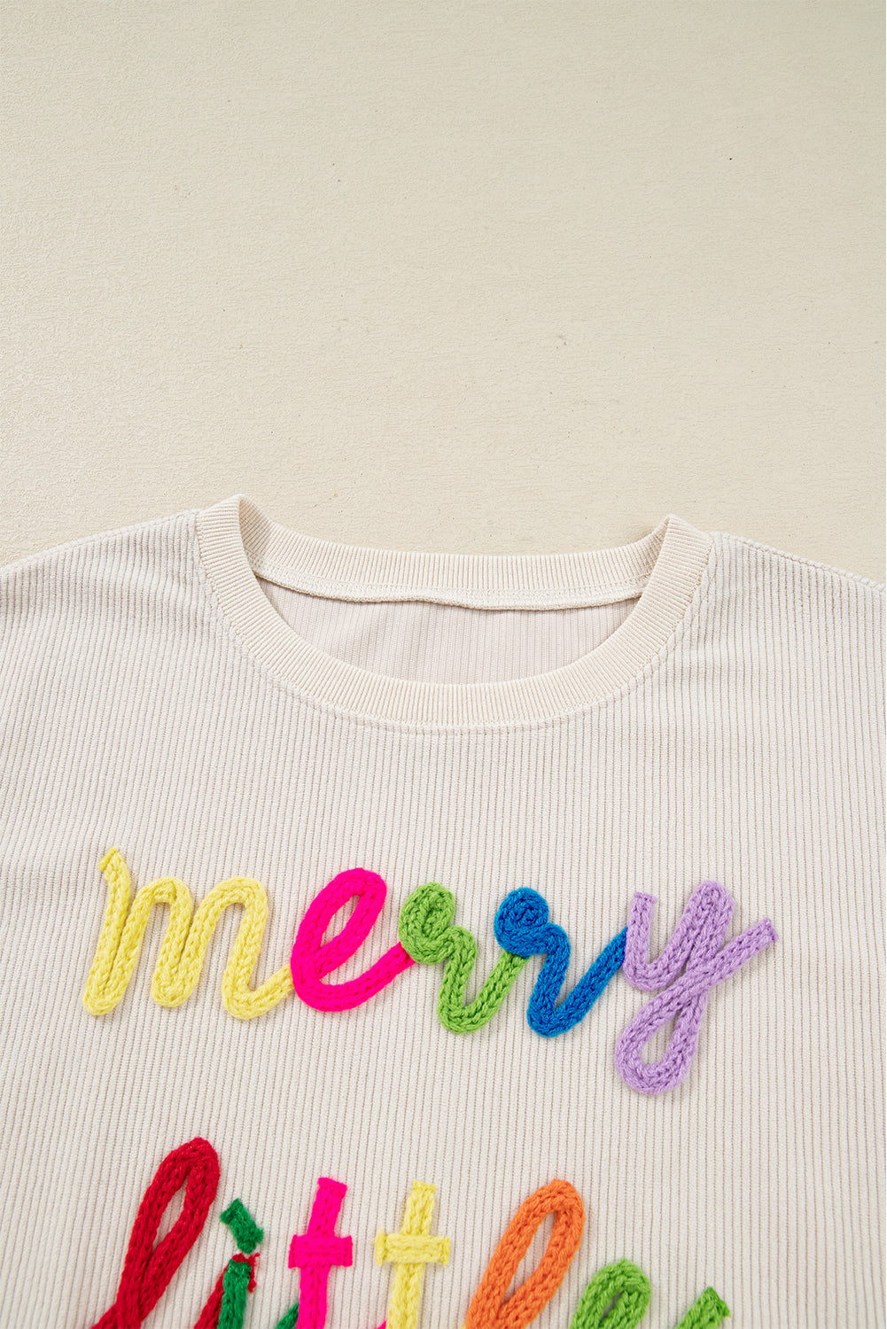 Beige merry everything Letter Graphic Ribbed Loose Sweatshirt