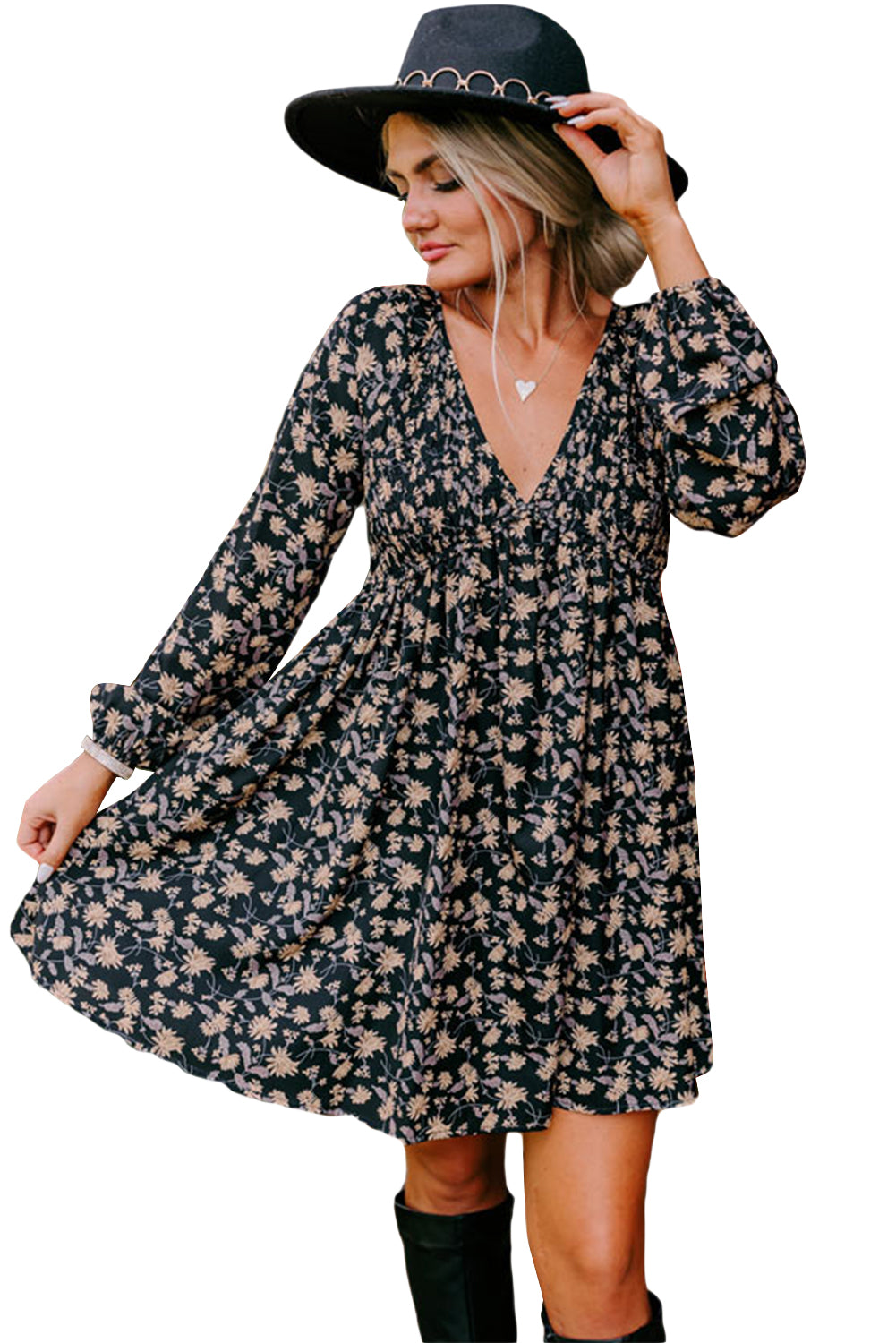 Beige Floral Smocked V Neck Bubble Sleeve Babydoll Dress
