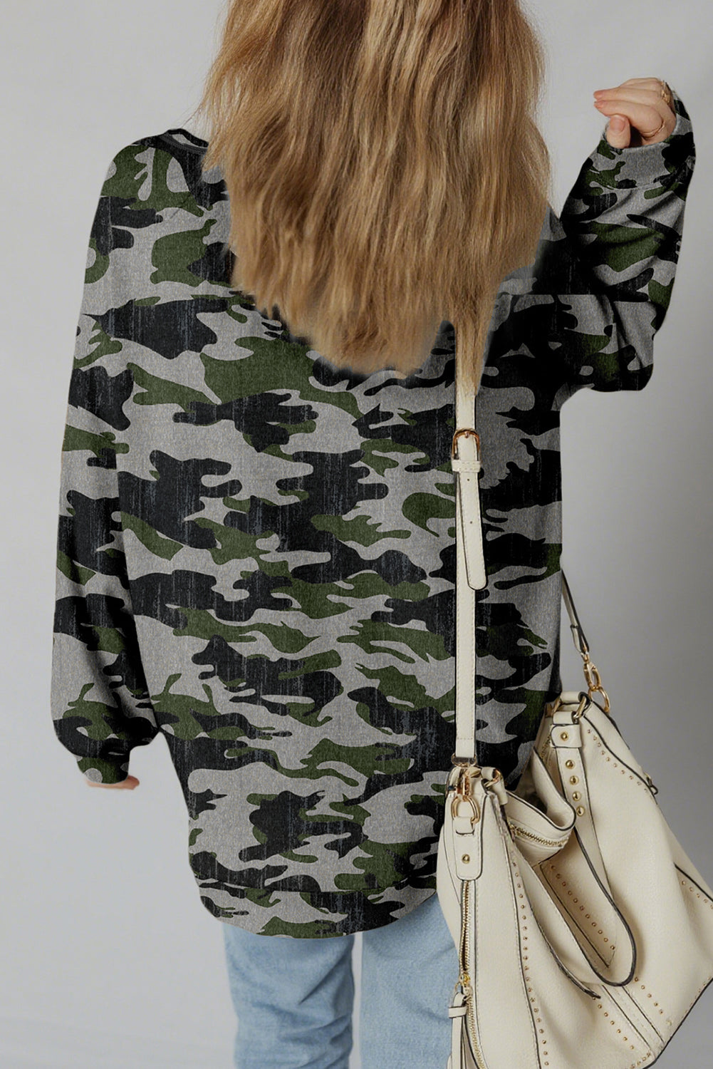 Green Camouflage Print Exposed Seam Drop Shoulder Sweatshirt