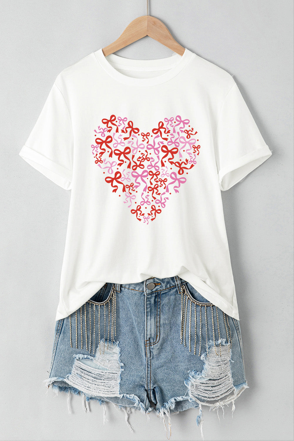 White Bowknot Heart Printed Crewneck Valentines Tee