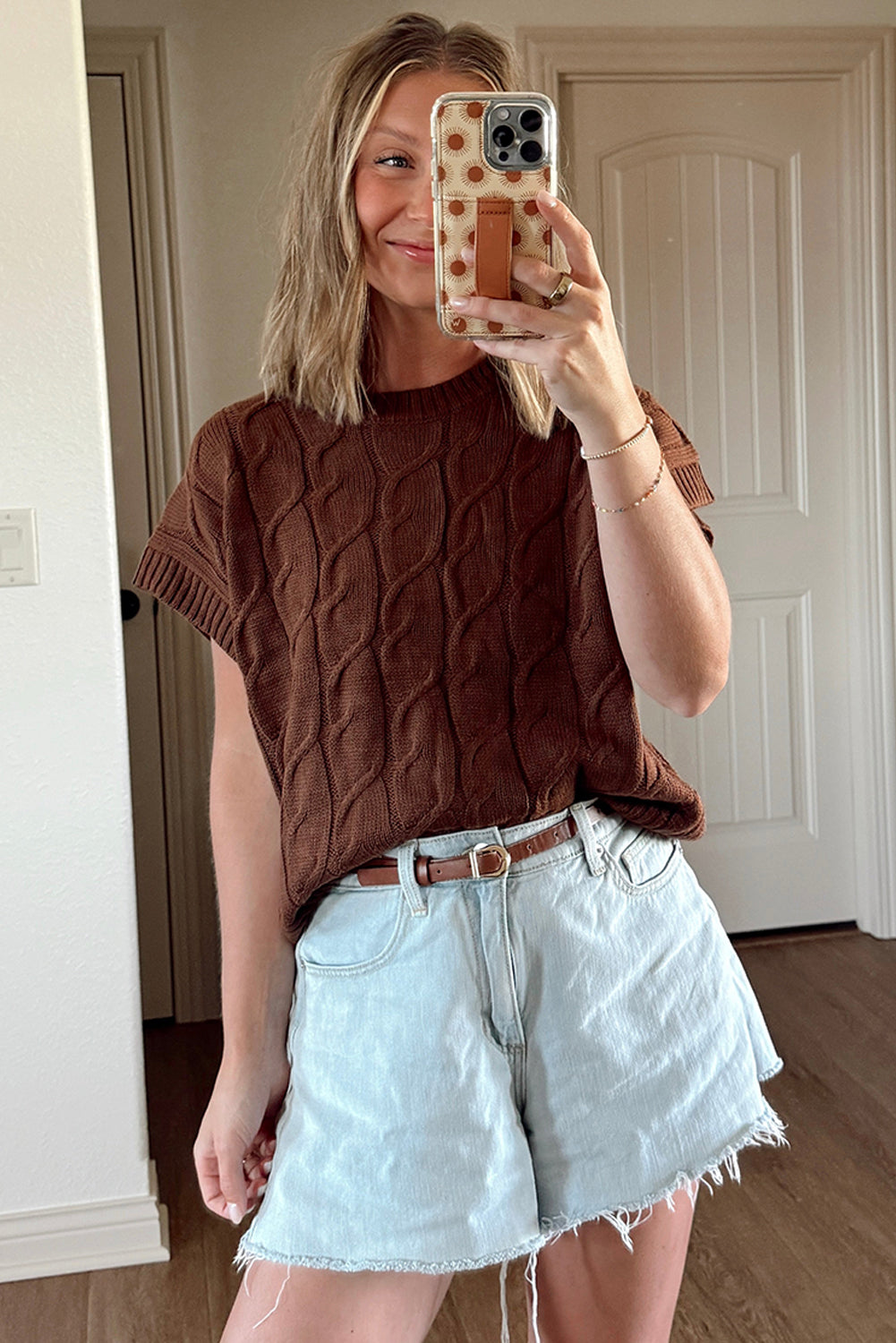 Caramel Cable Knit Cap Sleeve Sweater