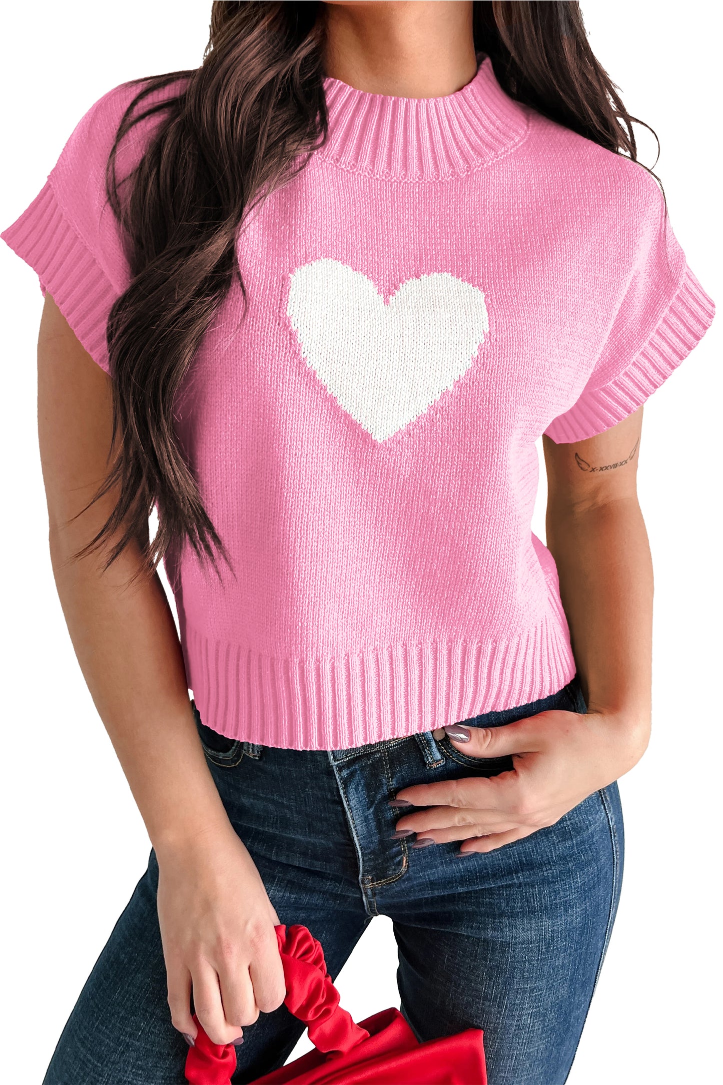 Fiery Red Valentine Heart Graphic Cropped Short Sleeve Sweater
