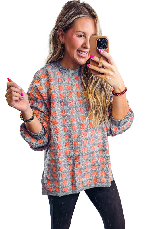 Pink Checkered Oversized Side Slit Sweater