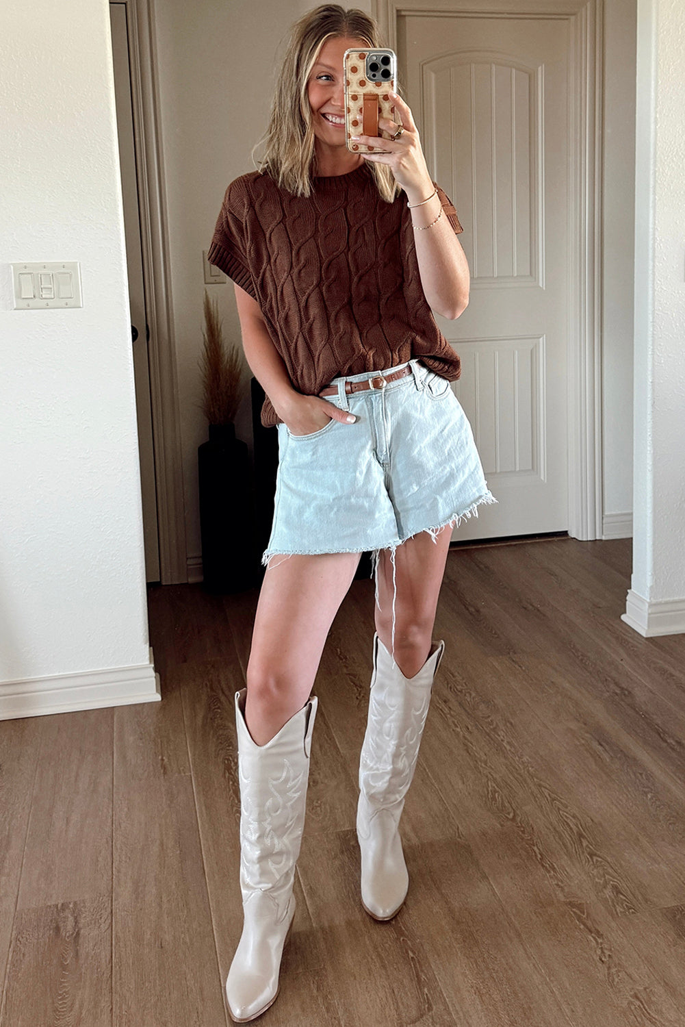 Caramel Cable Knit Cap Sleeve Sweater