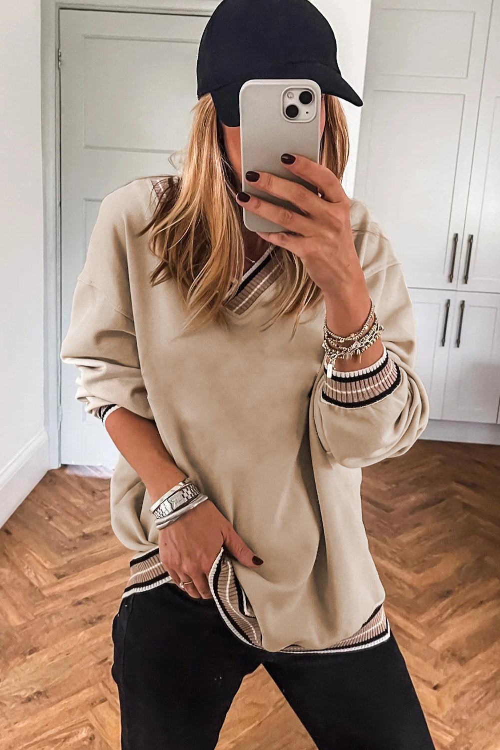 Parchment Varsity Contrast Trim V Neck Sweatshirt