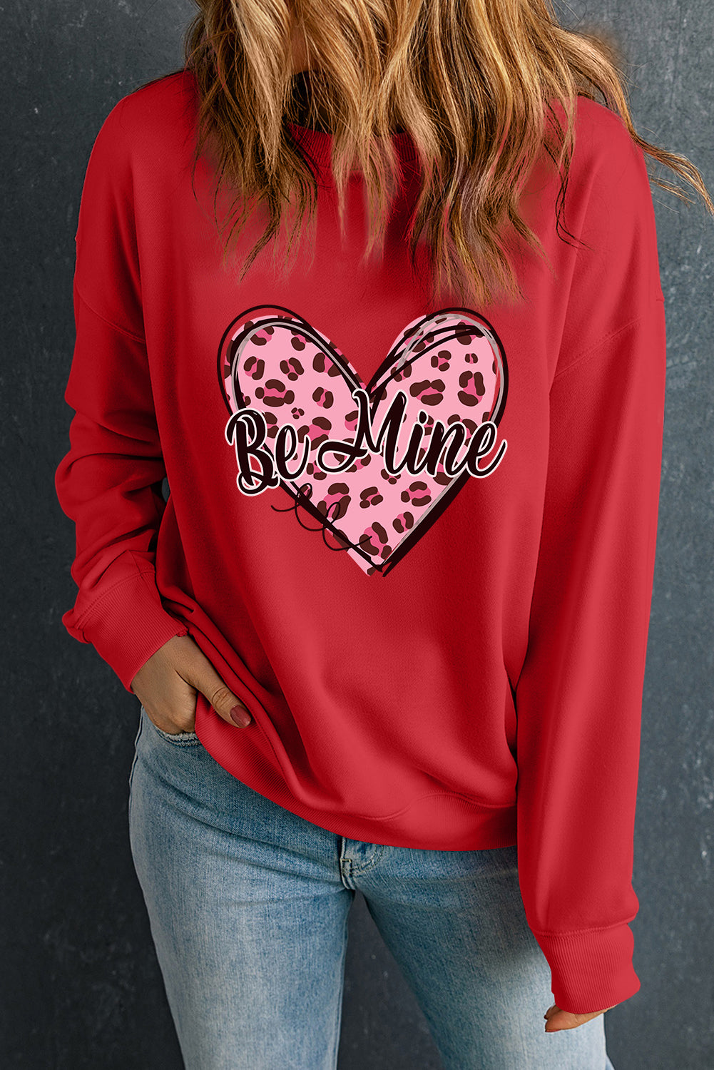 Red Be Mine Leopard Heart Printed Valentines Sweatshirt