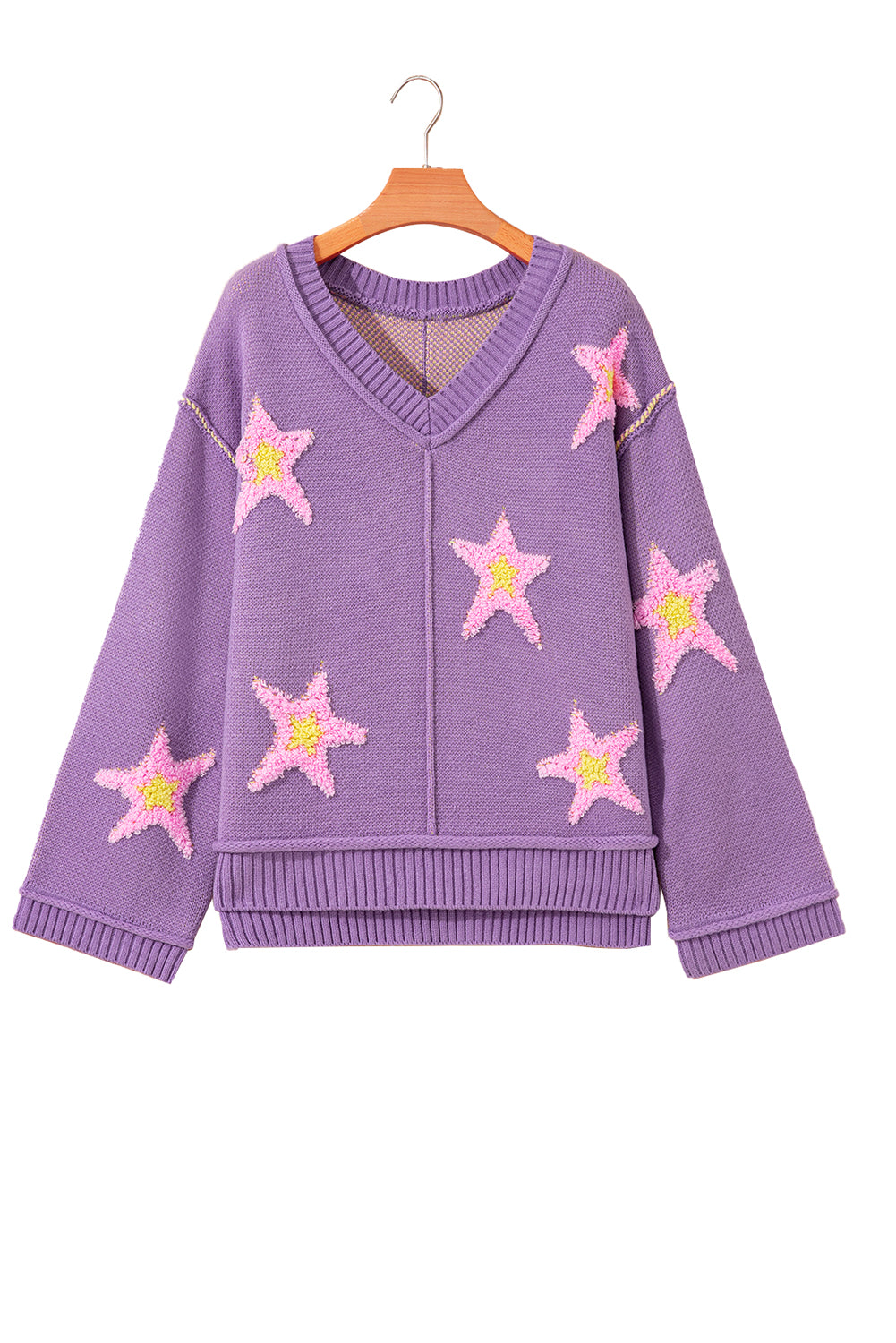 Lavendula Brushed Star Graphic V Neck Drop Shoulder Oversize Sweater