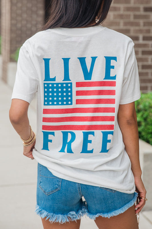 Wholesale White Back American Flag LIVE FREE Graphic T Shirt