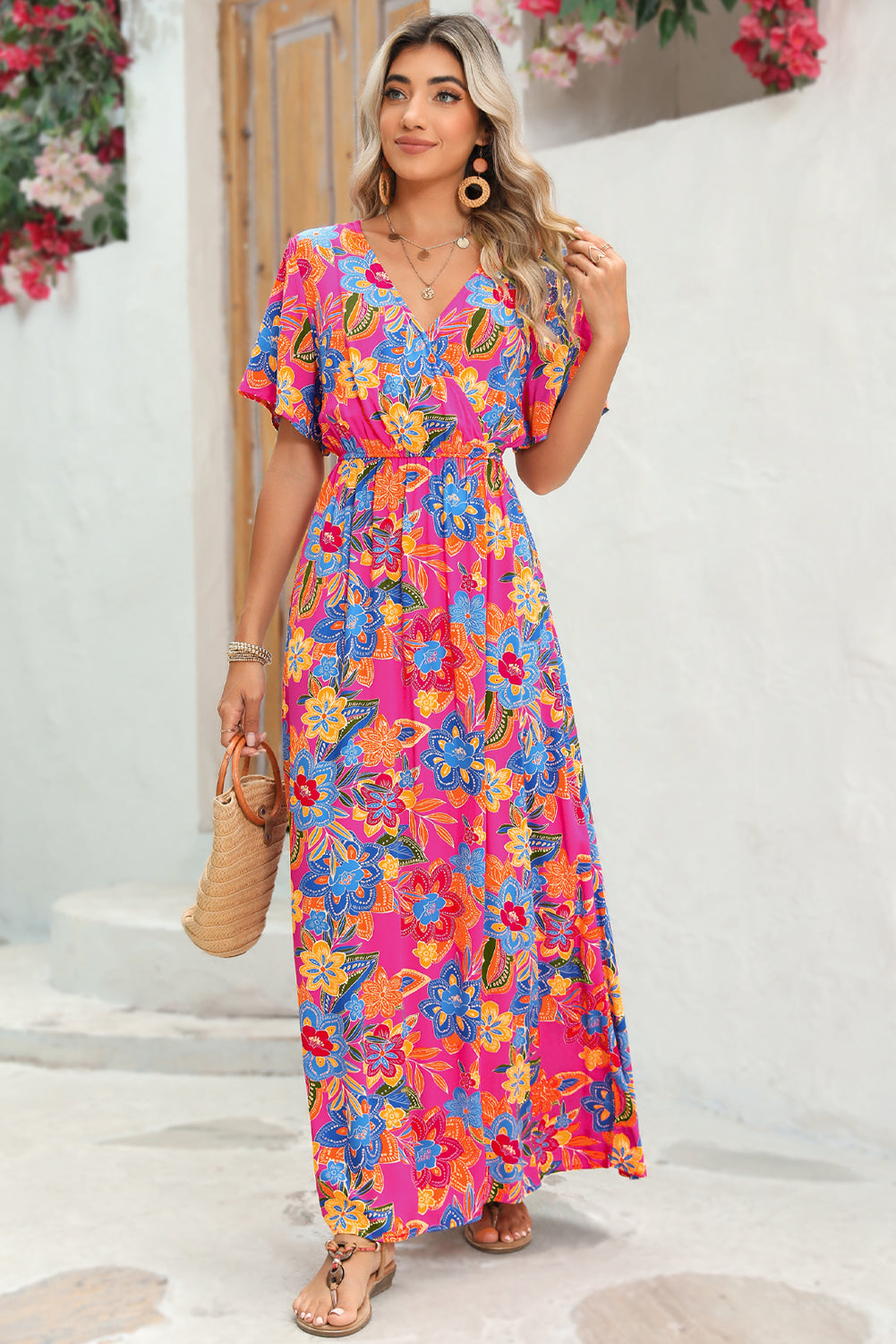 Aubrey Abstract Print Wrap V Neck Flutter Sleeve Mid Length Summer Dress