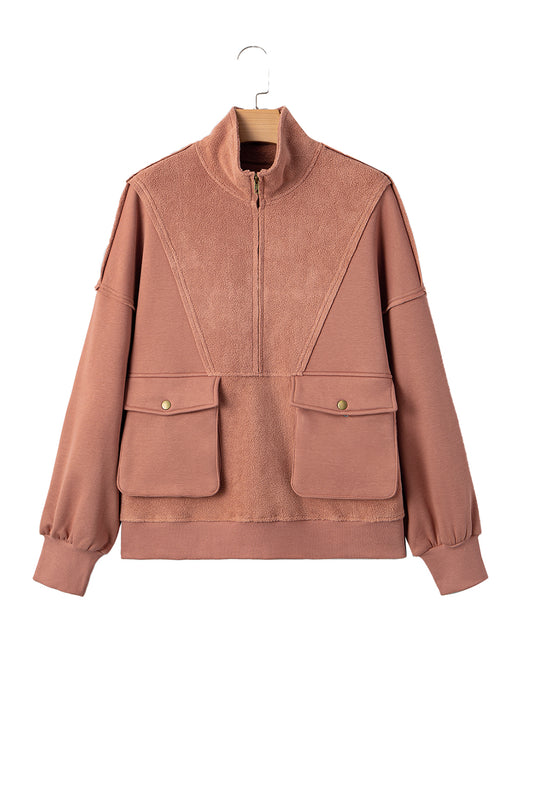 Camel Exposed Seam Side Pockets Half Zipper Baggy Sweatshirt